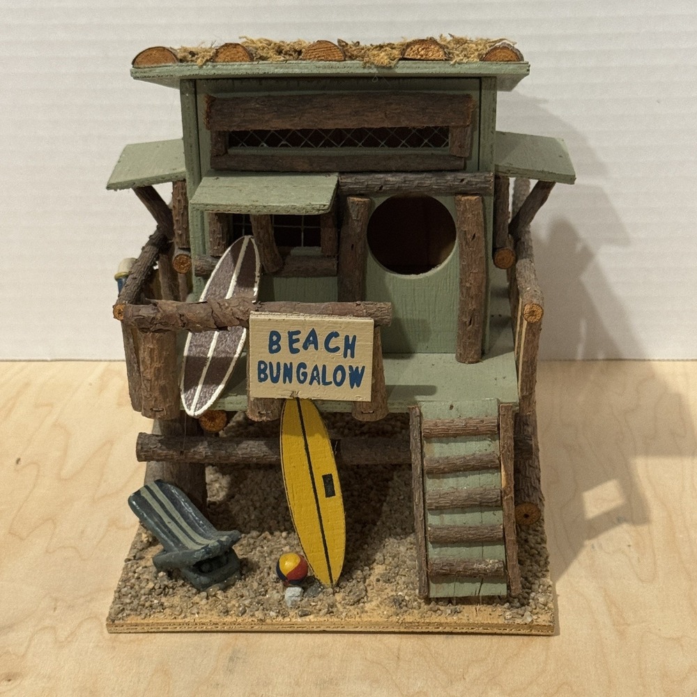 Wooden Beach Bungalow Decorative Bird House Surf Board 7x9x9 Green